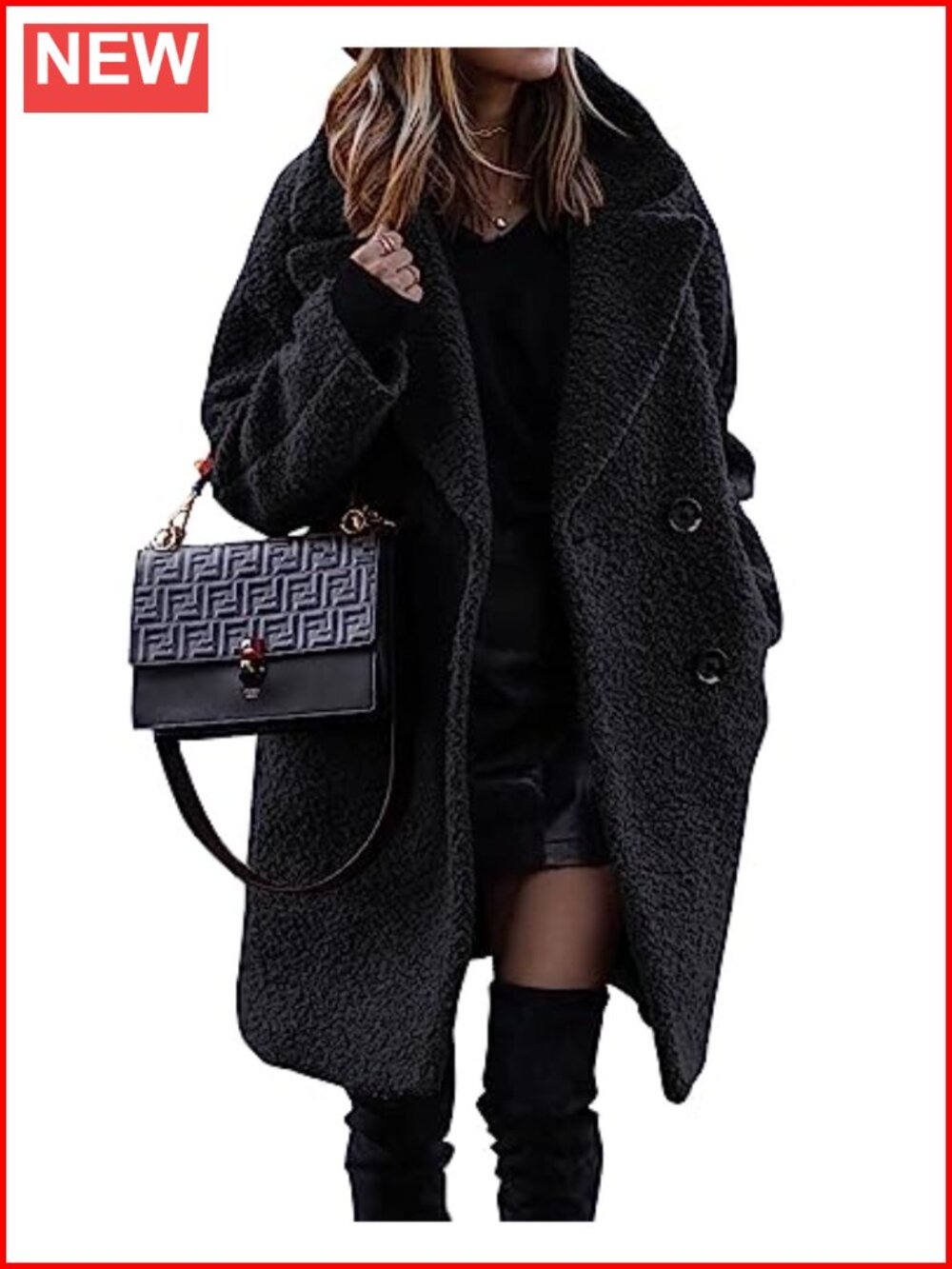 Women's Faux Fur Coat Sherpa Fleece Jacket Notched Lapel Double-Breasted Winter